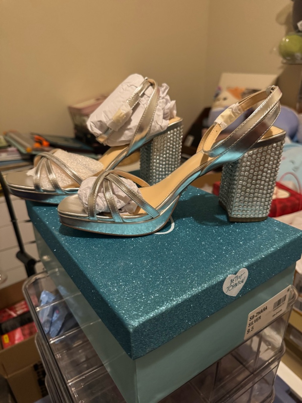 Blue by Betsey Johnson Silver Crystal Block Heel Sandals